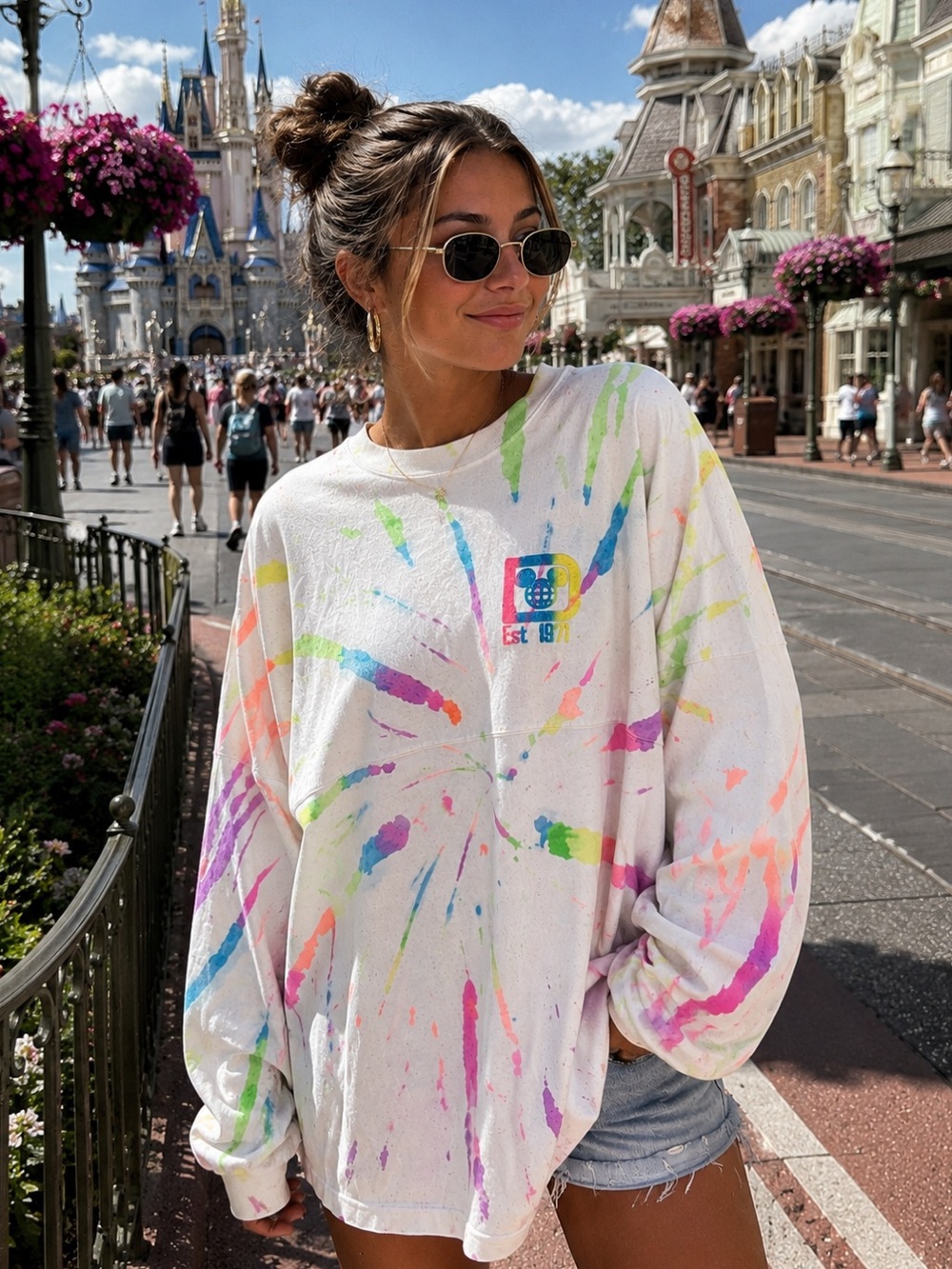 Walt Disney World Spirit Jersey Neon Tie Dye Splatter Rainbow Glitter XL